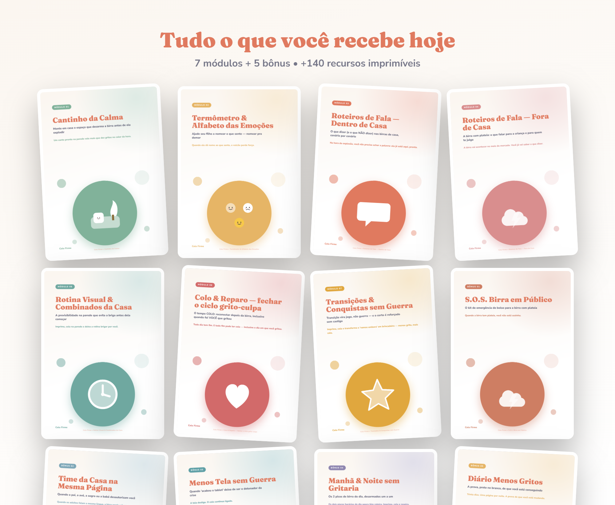 Todos os materiais do Colo Firme: 7 módulos + 5 bônus, +140 recursos imprimíveis