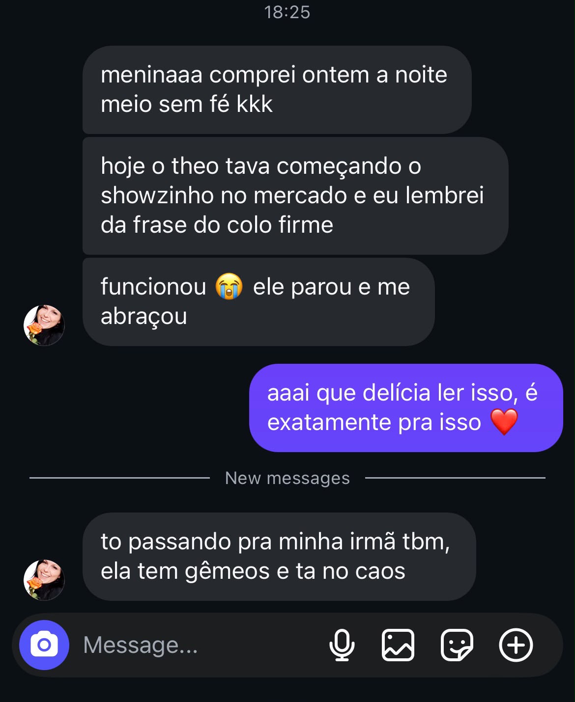 Print de conversa de uma mãe sobre o Colo Firme