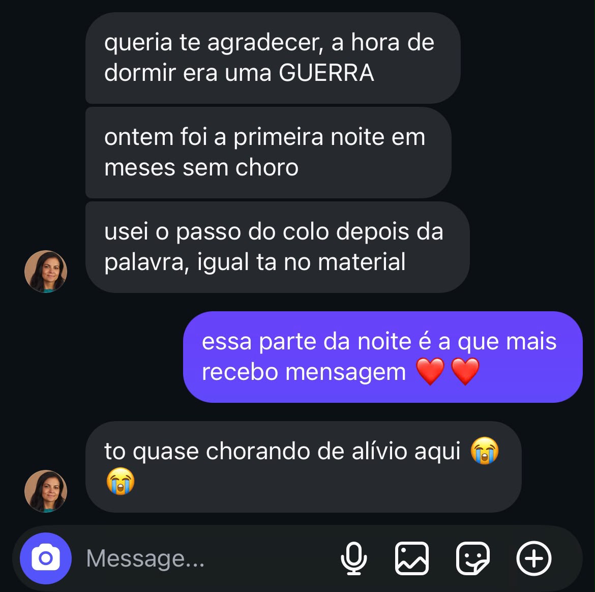 Print de conversa de uma mãe sobre o Colo Firme